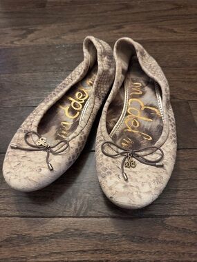 Sam Edelman Taupe Snake-Print Bow Ballet Flats